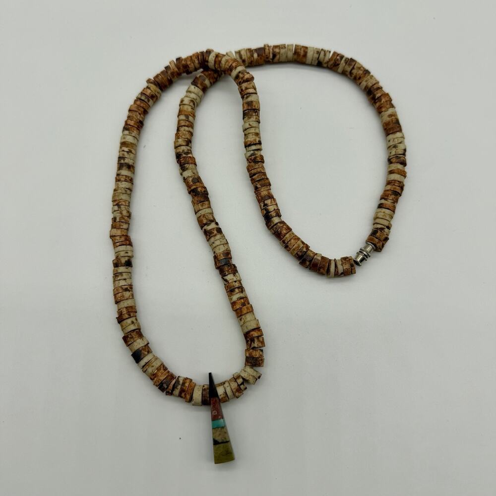 Vintage Earth Tone Heishi Bead Necklace 27” Natural Material Pendant Southwest